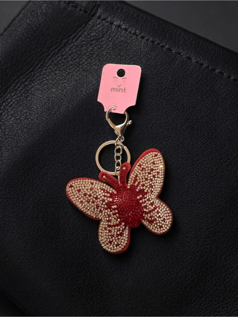 Mint Red and Silver Rhinestone Butterfly Keychain/Bag Charm
